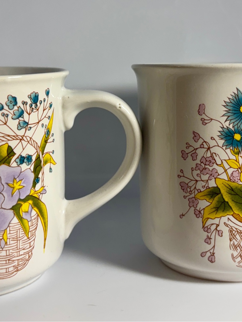 Set of 2 Vintage 1970’s Stoneware Mugs with Botanical Floral Designs